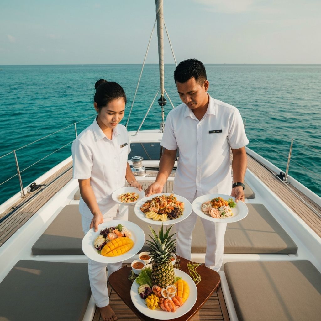 Professional yacht crew serving fresh Thai cuisine