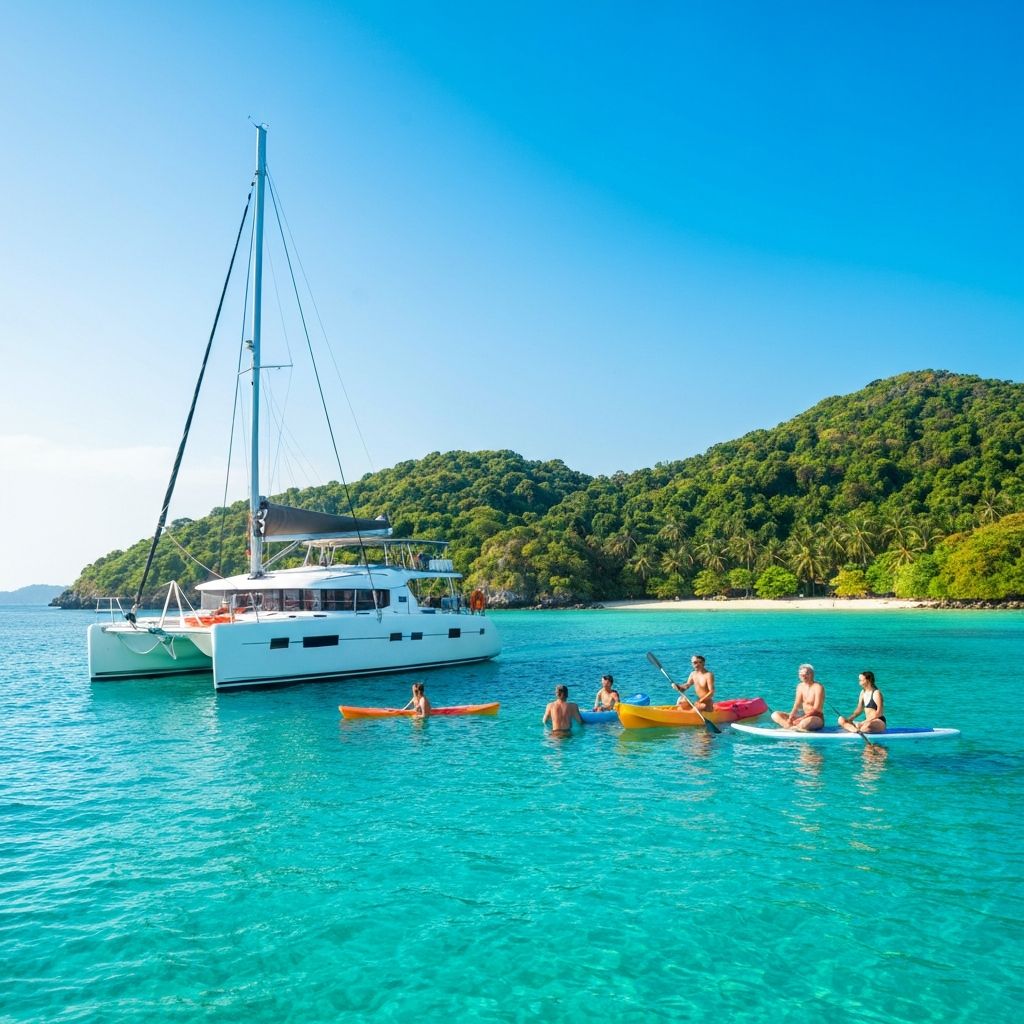 Luxury day sailing charter in Phuket with catamaran anchored in bay