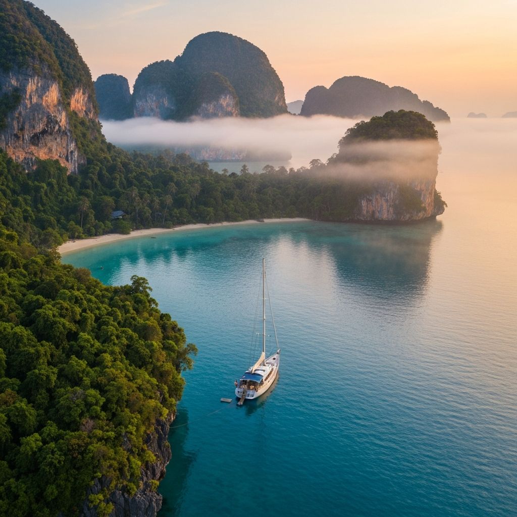 Luxury sailing yacht anchored in secluded bay at sunrise