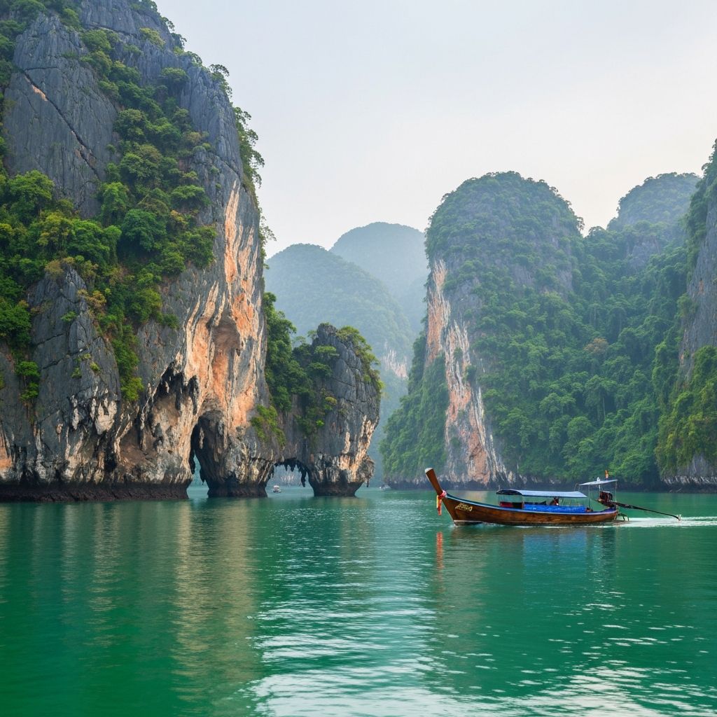 Phang Nga Bay dramatic limestone karsts in emerald water