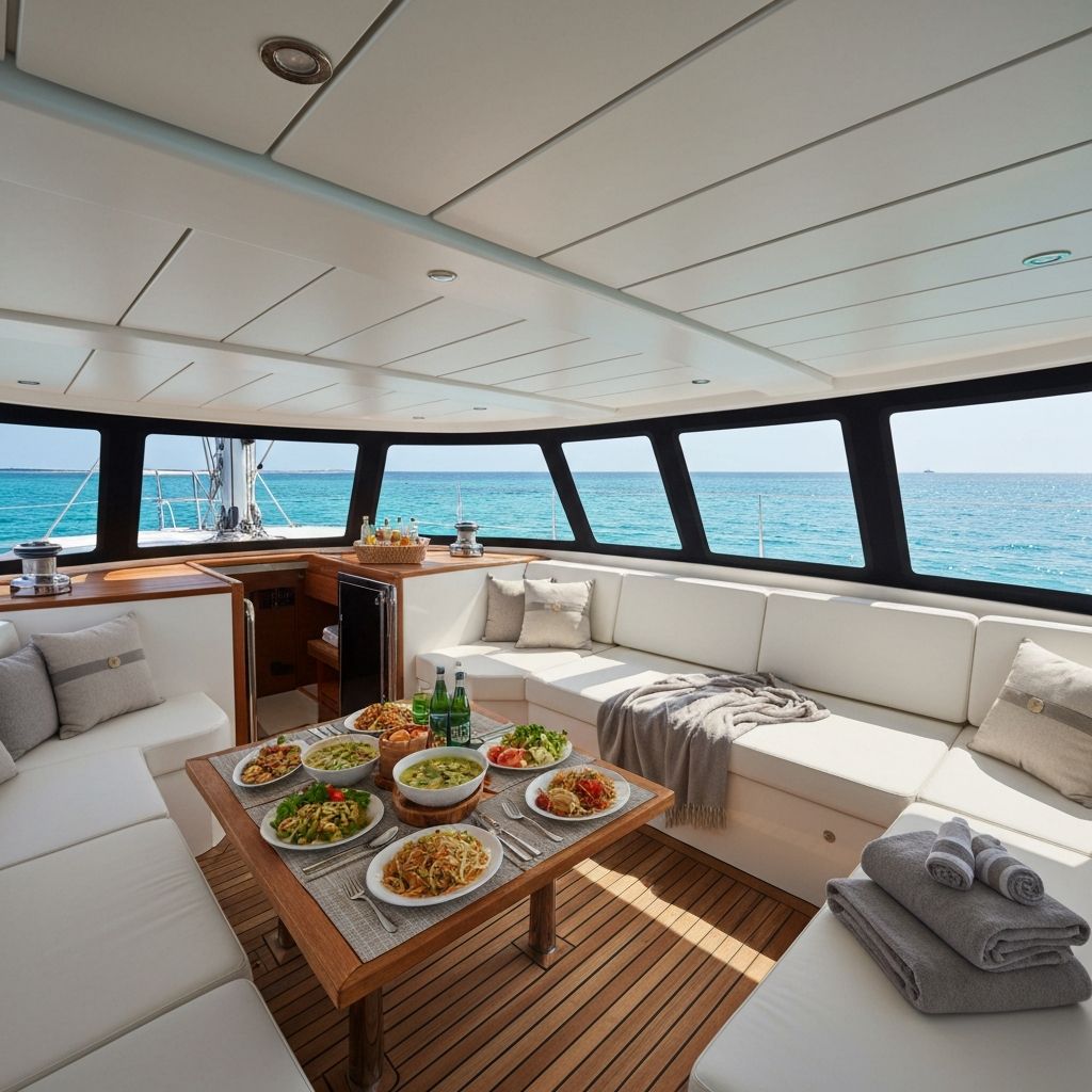 Luxury sailing yacht interior with premium amenities